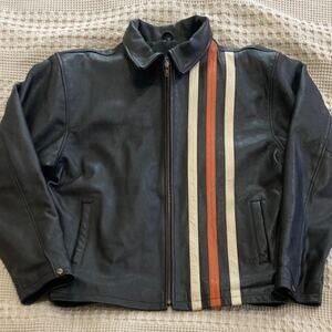 Geek Squad Anniversary Black Orange Striped Leather Motorcycle Jacket XL Tall